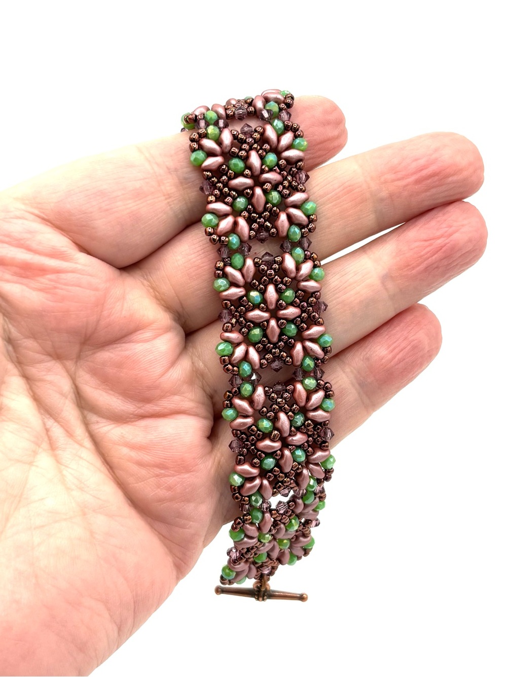 Hand Crafted Copper Pink and Green Victorian Style Bracelet - Picture 3 of 9